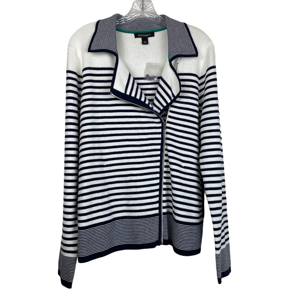 Nautical Cardigan Navy Blue White Striped Coastal Beachy Cotton Zip Preppy L